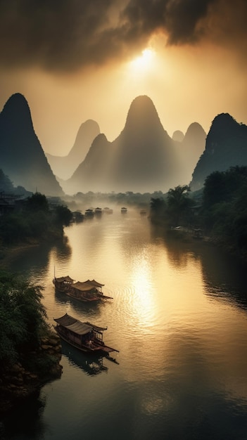 Een zonsondergang over de Li-rivier in China