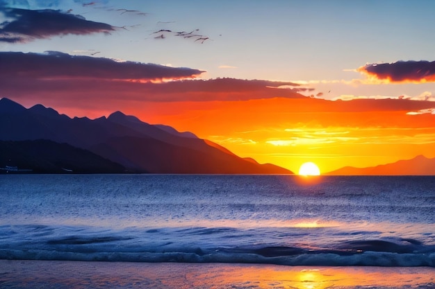 Een zonsondergang over de oceaan met bergen op de achtergrond