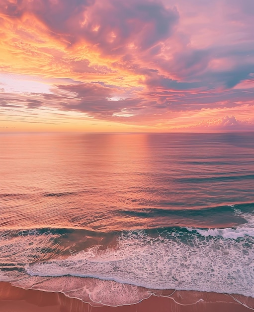 Foto een zonsondergang over de oceaan met een roze en oranje zonsondergang