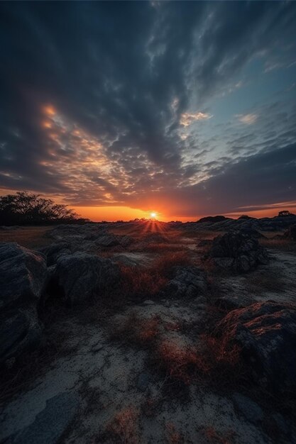 Een zonsondergang over de rotsen met daarachter de ondergaande zon