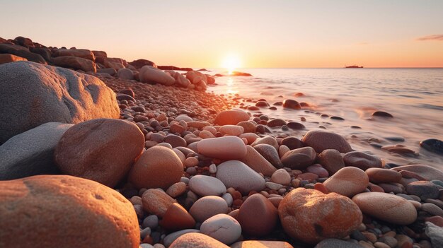 een zonsondergang over de rotsen op het strand