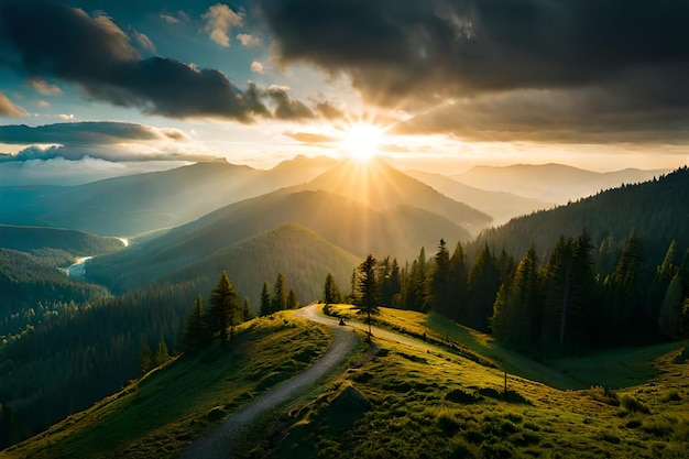 Een zonsondergang over een bergdal