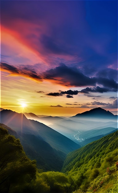 Een zonsondergang over een bergketen met een kleurrijke lucht en wolken.
