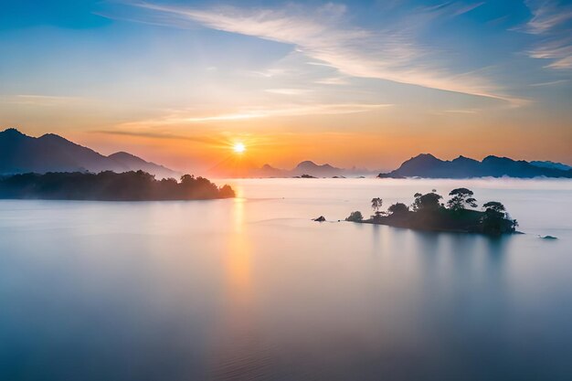 Een zonsondergang over een klein eiland met een klein eiland er middenin.