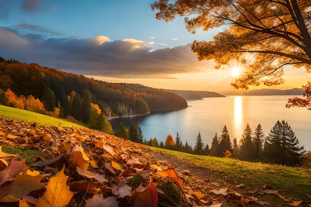 Een zonsondergang over een meer met bladeren op de grond
