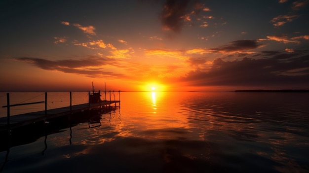 Een zonsondergang over een meer met een aanlegsteiger en een boot in het water.