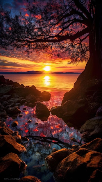 een zonsondergang over een meer met een boom op de voorgrond.