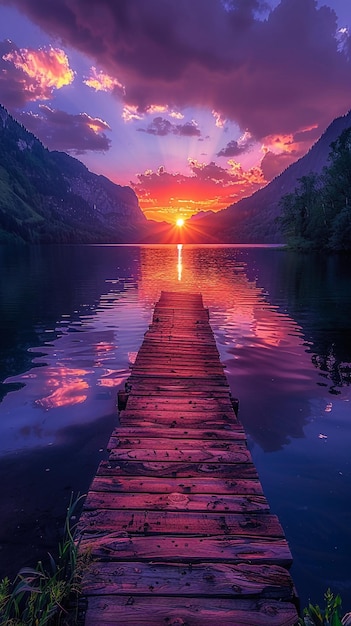 een zonsondergang over een meer met een dok in het midden ervan