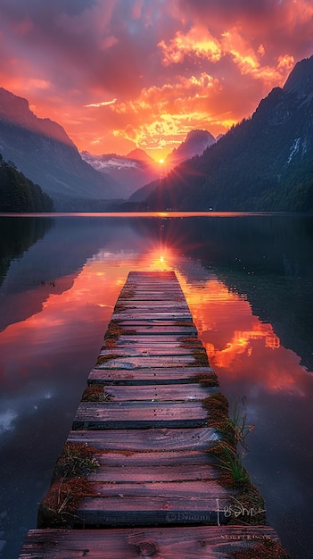 een zonsondergang over een meer met een houten pier op de voorgrond