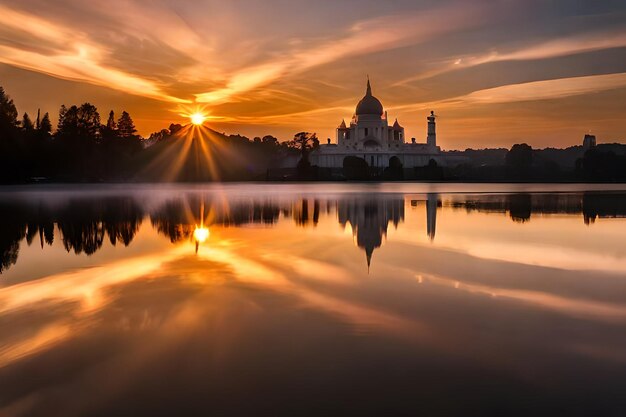 Een zonsondergang over een meer met een kerk op de achtergrond.