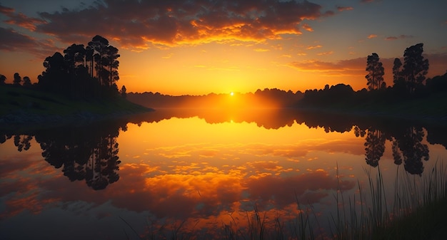 Een zonsondergang over een meer met een weerspiegeling van bomen en een meer op de voorgrond.