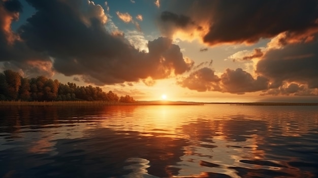 Een zonsondergang over een meer met wolken en een sunsetgeneratieve ai