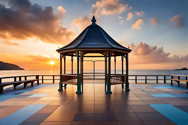 Een zonsondergang over een pier met een prachtige zonsondergang