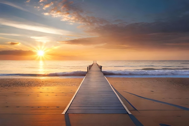 Een zonsondergang over een pier met een zonsondergang op de achtergrond