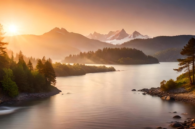 Een zonsondergang over een rivier met bergen op de achtergrond