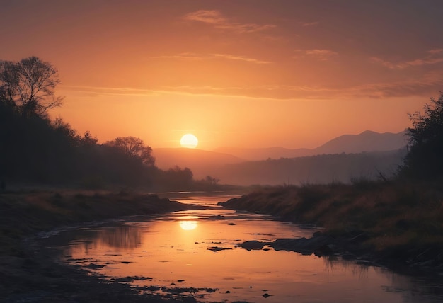 een zonsondergang over een rivier met een berg op de achtergrond