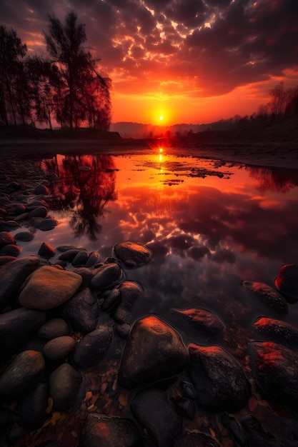 Een zonsondergang over een rivier met een rode lucht en de zon die reflecteert op het water