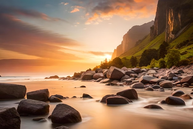 Een zonsondergang over een rotsachtig strand met een zonsondergang op de achtergrond.