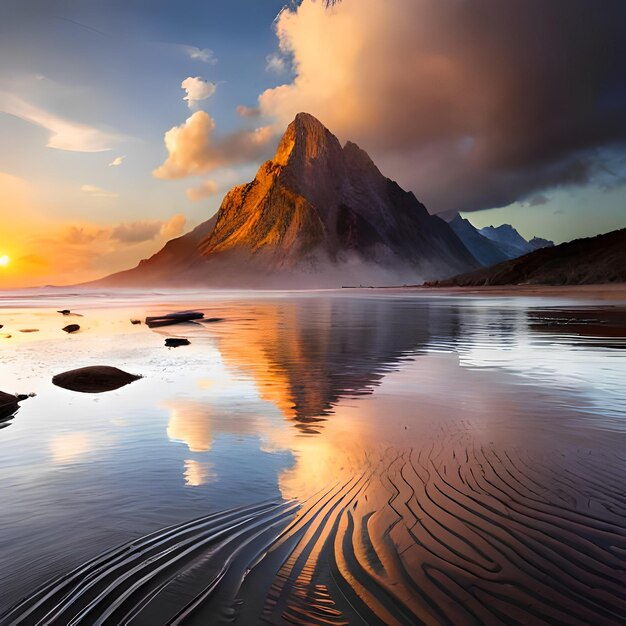 Een zonsondergang over een strand met bergen op de achtergrond