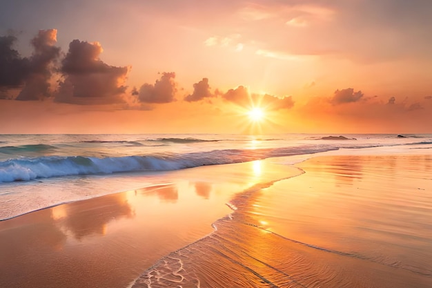 Een zonsondergang over een strand met de ondergaande zon boven het water.