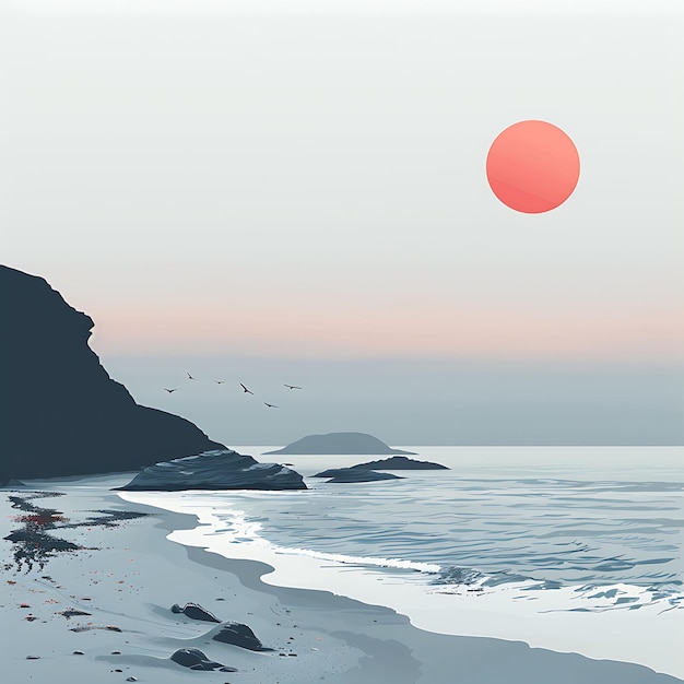 een zonsondergang over een strand met een strand en een grote oranje zon