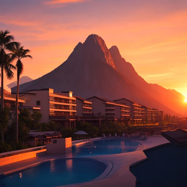 Een zonsondergang over een vakantieoord met een berg op de achtergrond