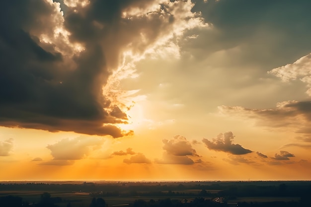 Een zonsondergang over een veld met een bewolkte hemel