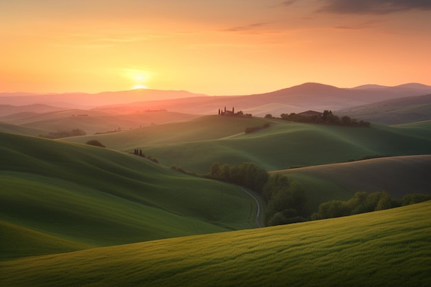 Een zonsondergang over een veld van Toscane