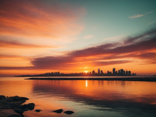 een zonsondergang over een waterlichaam met een stad in de verte