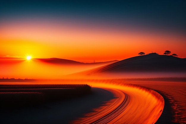 Een zonsondergang over een woestijn met daarachter de ondergaande zon