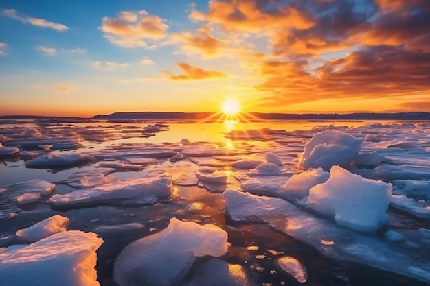 Een zonsondergang over het water met ijsschotsen op de voorgrond.