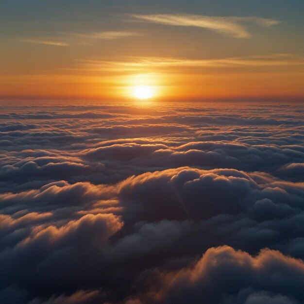 Foto een zonsondergang van boven de wolken met de zon achter hen ondergaan