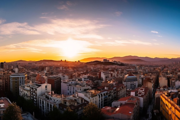 Een zonsondergang van een stad met de bergen op de achtergrond