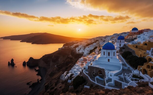 Een zonsondergang van Santorini met blauwe koepels en een meer op de achtergrond