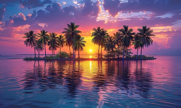 Een zonsondergang wordt weerspiegeld op het water en de zon gaat onder.