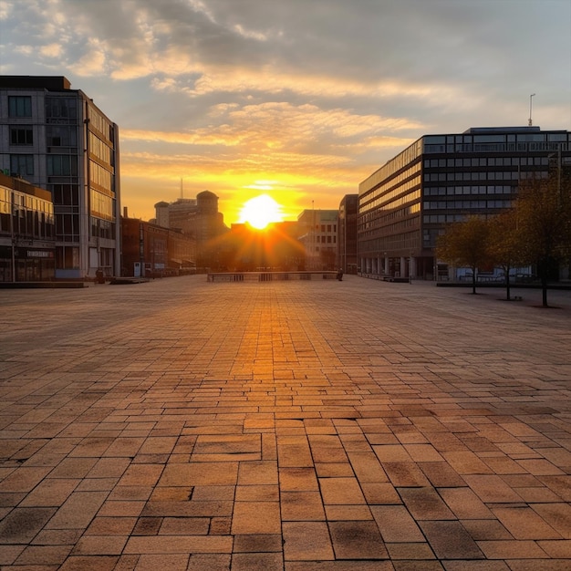 Een zonsondergangmening van een plein in Frankfurt