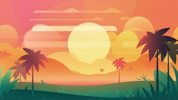 Een zonsondergangscène met palmbomen en de zon in de verte