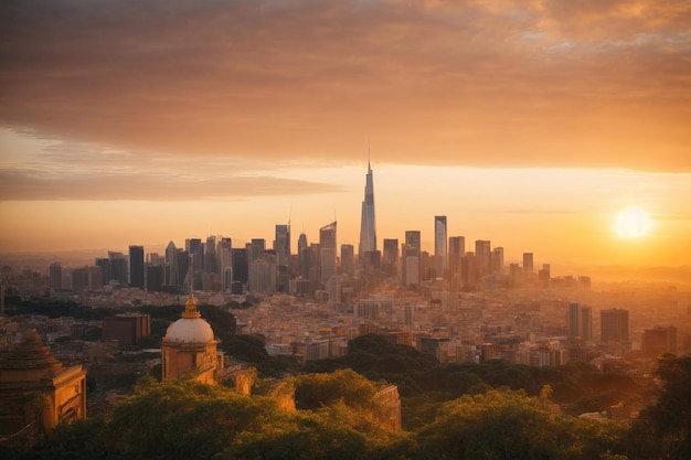 Een zonsopgang of zonsondergang met uitzicht op een beroemd monument of de skyline van de stad