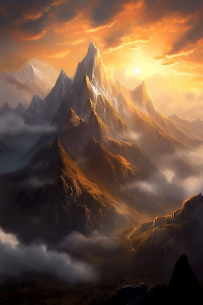 Een zonsopgang op de top van een berg met de eerste stralen van de zonsopgang