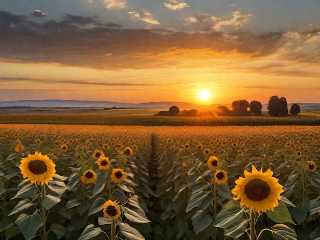 Een zonsopgang over een veld van zonnebloemen