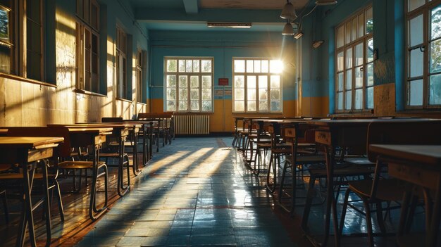 Foto een zonverlichte lege klas roept herinneringen op aan leren en groeien.