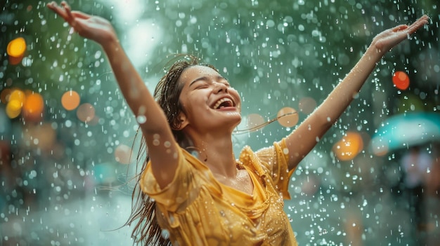 Een zorgeloos individu danst in de regen.