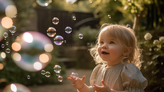 Een zuigelingsbabykind dat met bellen buiten het Generatieve AI-beeld speelt