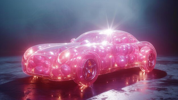 Een zuivere roze auto gemaakt van bubbels op een zwarte achtergrond 3D-illustratie