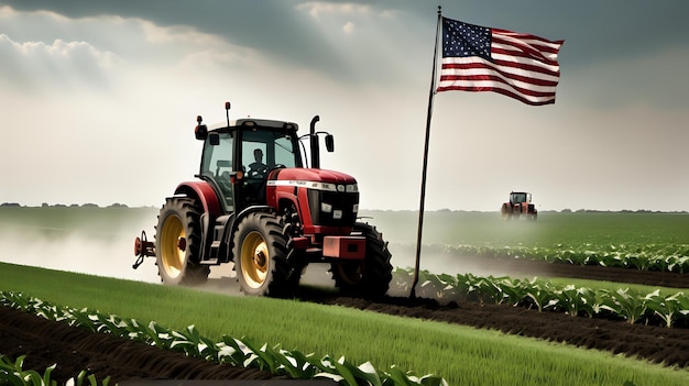 Een zwaaiende Amerikaanse vlag in het veld met een tractor