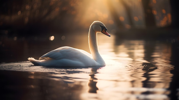 Een zwaan die in een meer zwemt waar de zon op schijnt