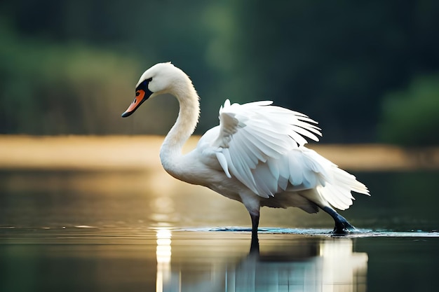 Een zwaan met een rode snavel en een oranje snavel staat op het water.