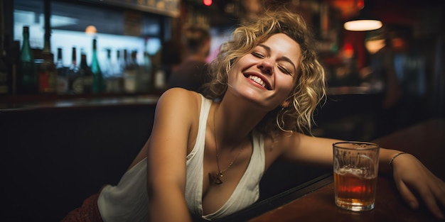 Een zwaar bedwelmde vrouw zit in de bar. Haar verwarde uiterlijk en lege blik onthullen de mate van haar bedwelming en creëren een sombere sfeer. Generatieve AI