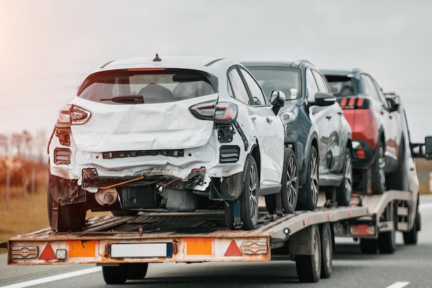 Een zwaar beschadigde auto op een aanhangwagen wordt getrokken door een sleepwagen