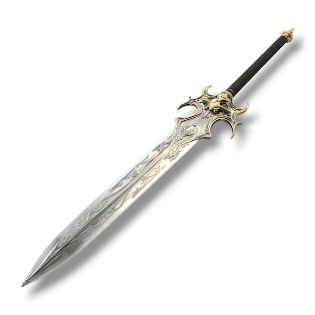 een zwaard dat op een witte achtergrond zit in de stijl van realistische fantasy-illustraties